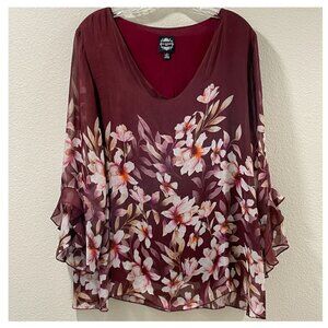 LE MARAIS Paris Woven Silk Blouse Pullover Ruffle Sleeve, Burgundy Floral - XL